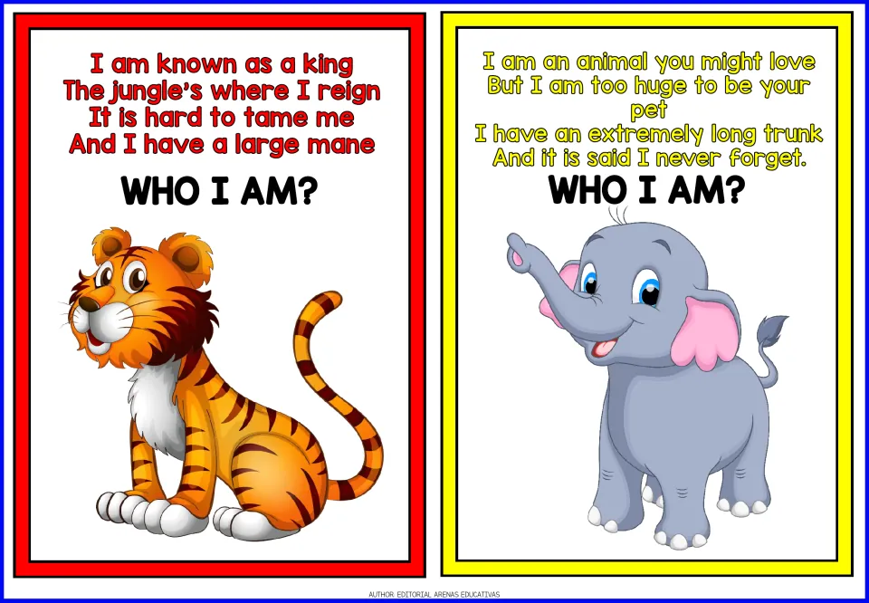 Animal riddle cards: students guess from rhyming clues about a jungle king with a mane (tiger shown) and an elephant