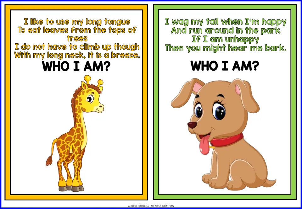 Giraffe and dog riddle cards: students infer each animal from clues about a long neck, wagging tail and barking
