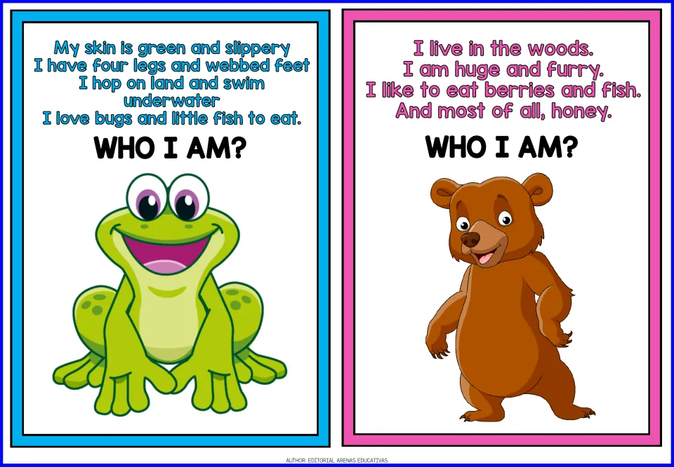Frog and bear riddle cards: students use clues about webbed feet, slippery skin, living in woods and loving honey