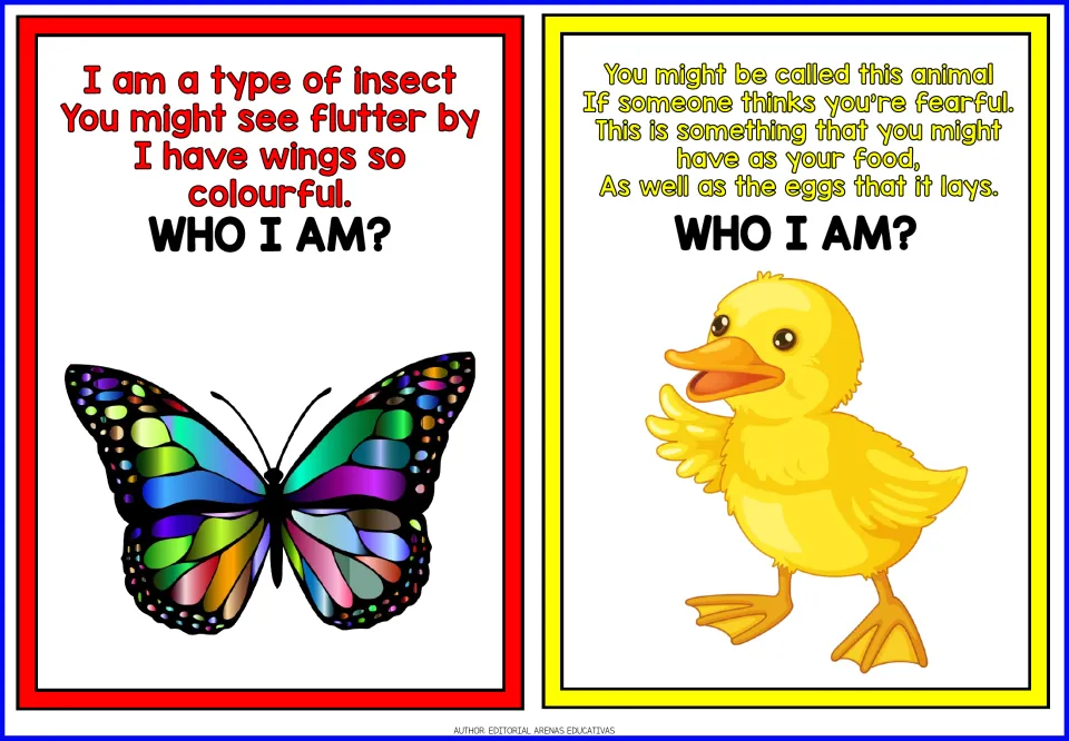 Butterfly and duckling riddle cards: clues about colourful insect wings and a bird linked to fear, food and eggs