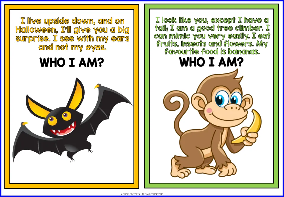 Bat and monkey riddle cards: students guess from clues about hanging upside down, hearing with ears and bananas