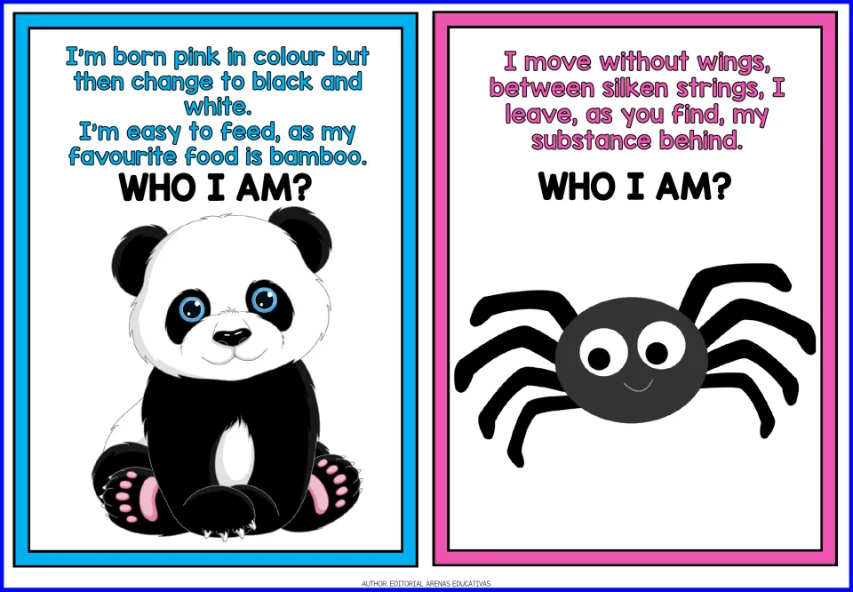 Panda and spider riddle cards: clues about pink-born cubs eating bamboo and a wingless creature spinning silk strings