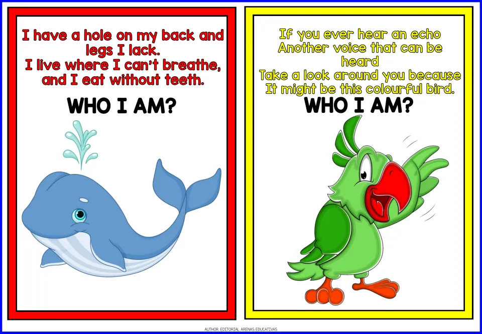 Whale and parrot riddle cards: clues about a blowhole, living in water, echoing voices and a colourful bird