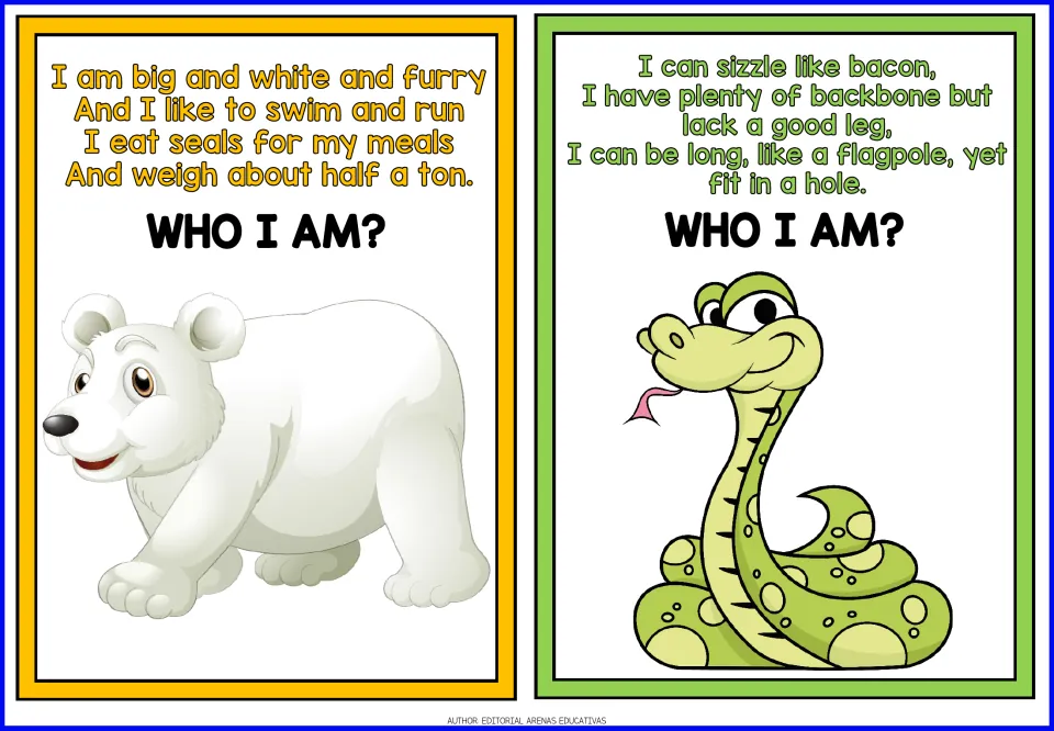 Polar bear and snake riddle cards: students guess from clues about white fur, eating seals and a long legless body