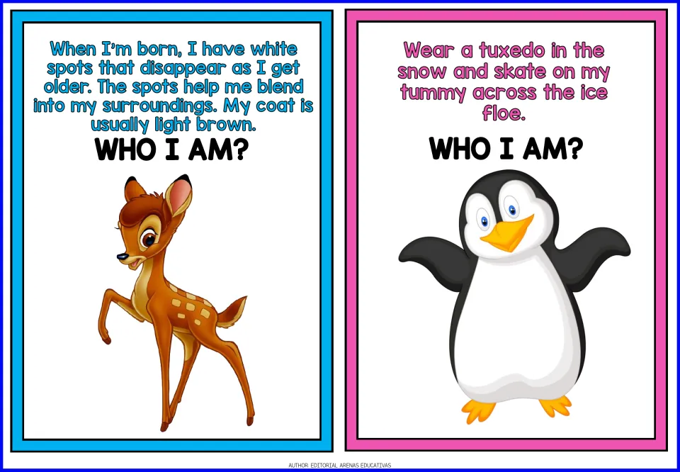 Fawn and penguin riddle cards: clues about spots that fade with age and a tuxedo bird sliding on its tummy over ice