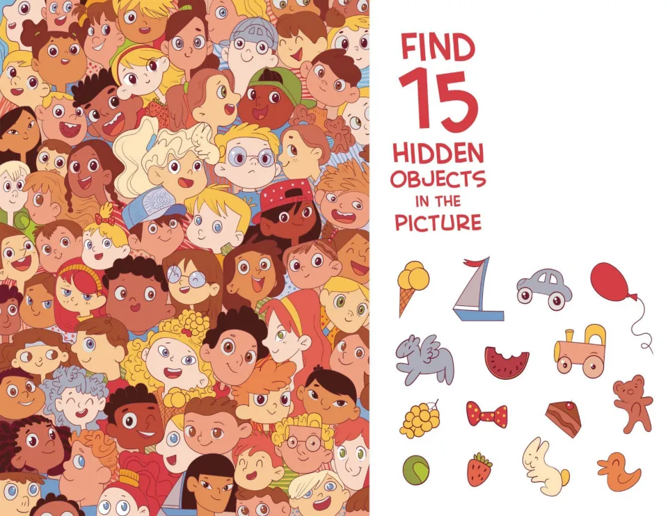 Crowd of cartoon children's faces: students find the 15 hidden objects shown at right, such as a balloon and a boat