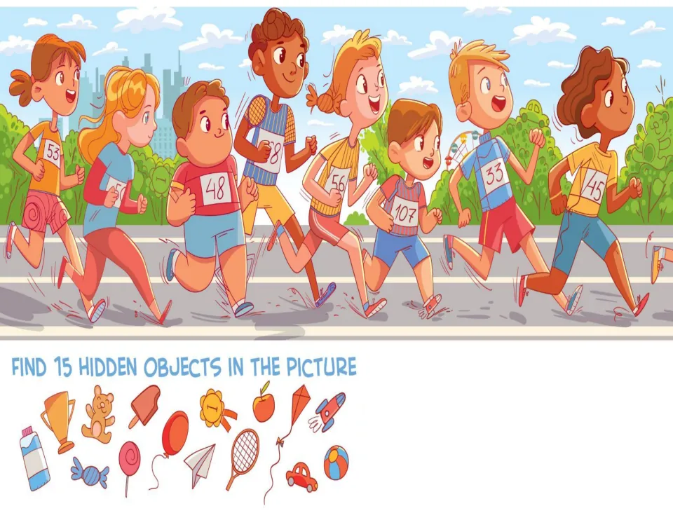 Children running a race: students find 15 hidden objects in the scene, including a trophy, kite and tennis racket
