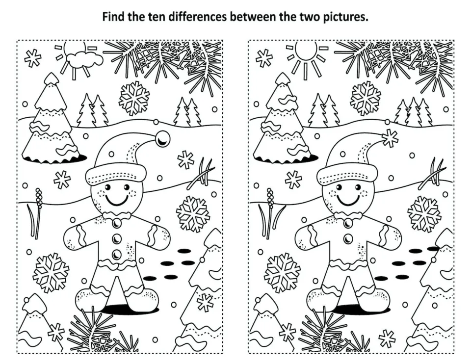 Gingerbread man in a snowy scene drawn twice: students compare the two pictures to find the ten differences
