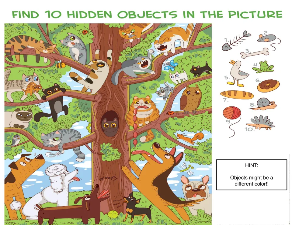 Cats and dogs in a big tree: students find 10 numbered hidden objects, like a fish bone, mouse and frog, using a hint