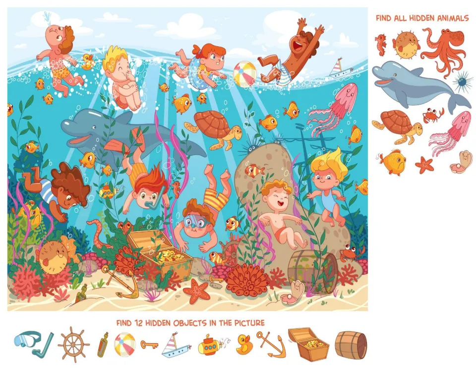 Children swimming in an underwater scene: students find 12 hidden objects and a set of hidden sea animals