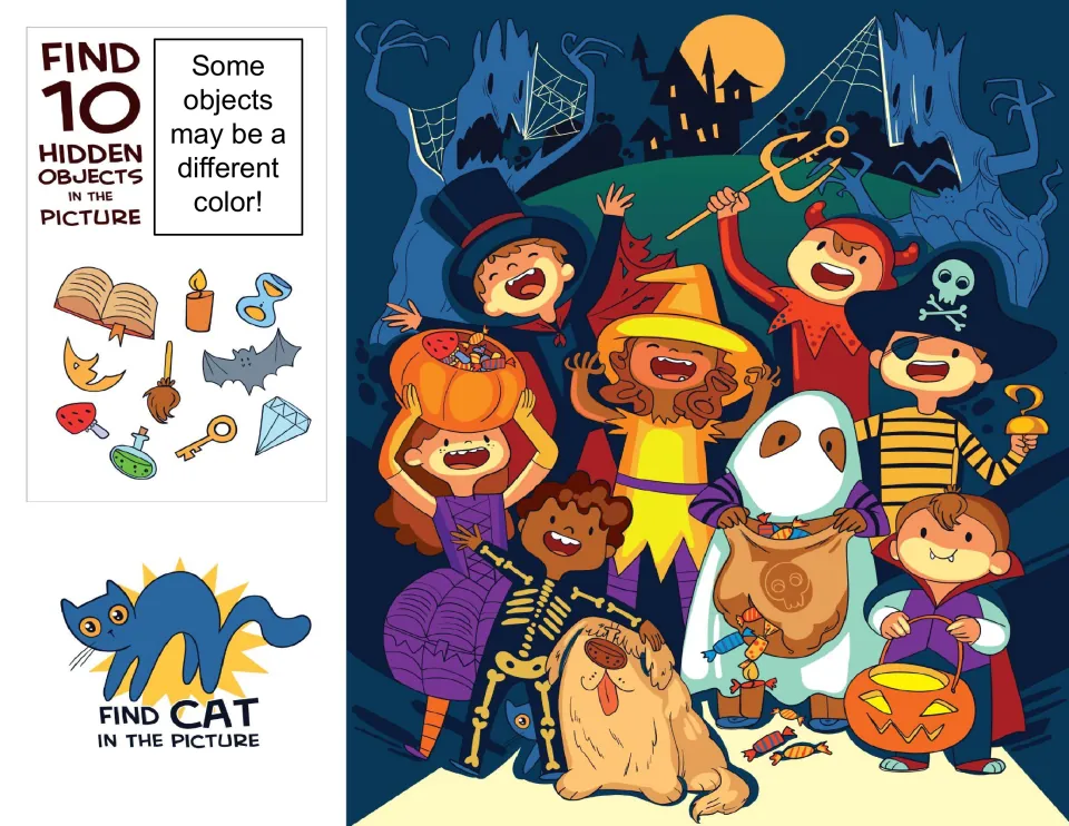 Halloween trick-or-treaters in costumes: students find 10 hidden objects, like a candle and bat, plus one hidden cat