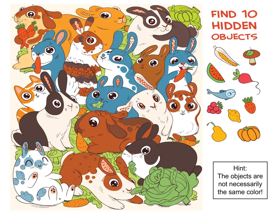 Crowd of rabbits with vegetables: students find 10 hidden objects, such as a pear, radish and fish, using the hint