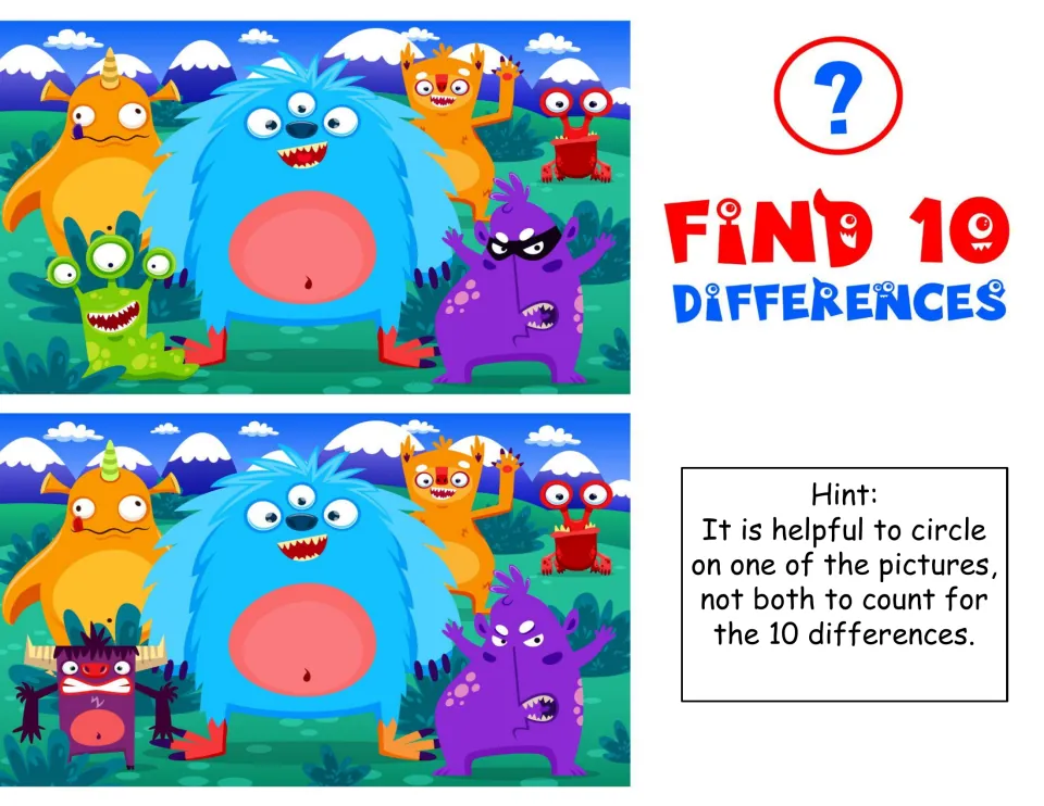 Colorful monsters shown in two pictures: students compare them and circle the 10 differences on one picture