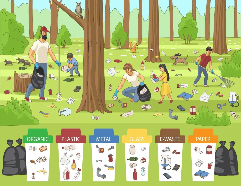 Family cleaning litter in a forest: students find trash items and match them to organic, plastic, metal, glass bins