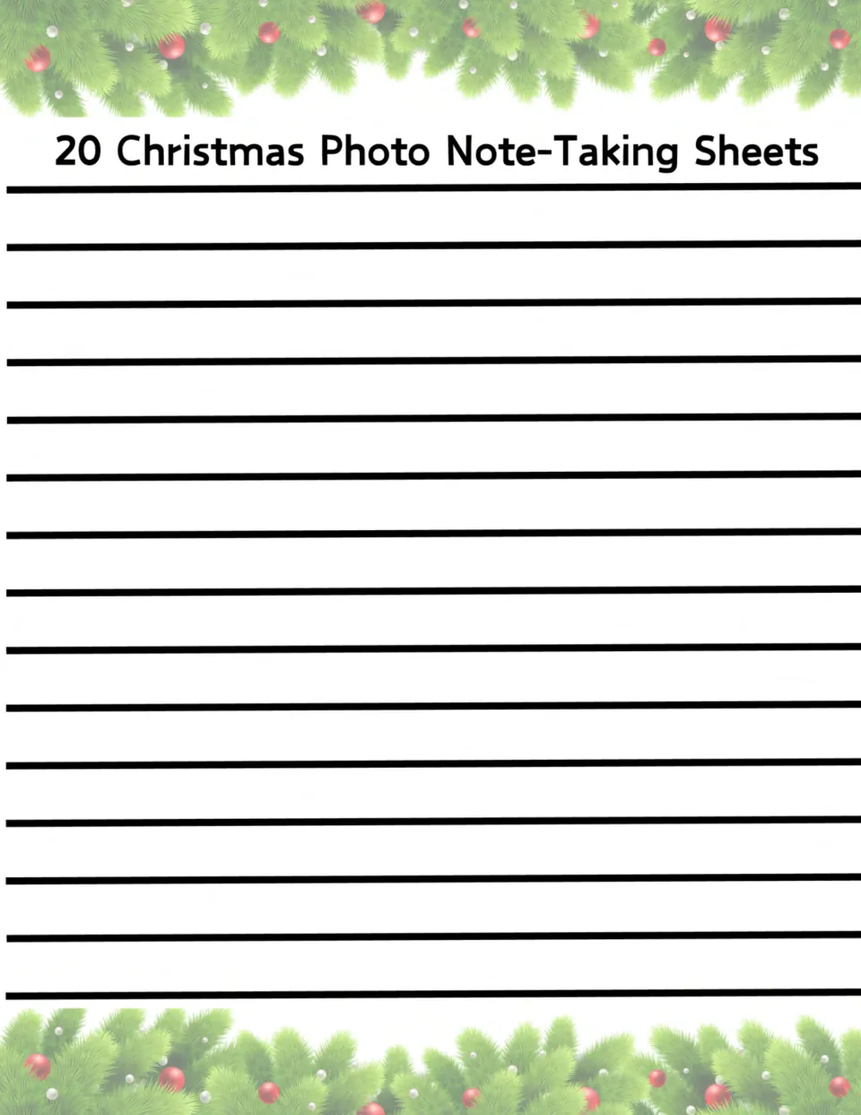 Christmas photo note-taking: blank sheet headed 20 Christmas Photo Note-Taking Sheets where students write notes on a photo