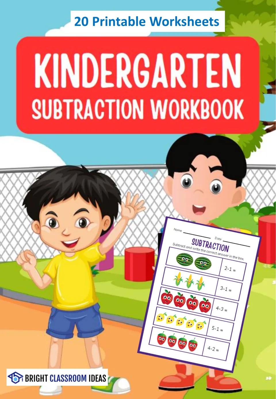 Kindergarten Subtraction Workbook cover: 20 printable worksheets, shown with a sample page of fruit pictures and 2-1 to 4-2