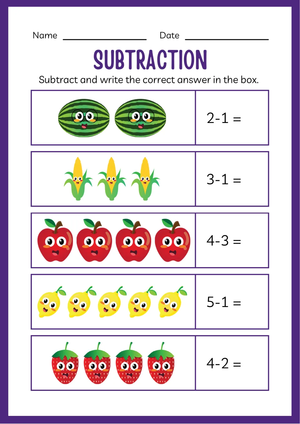 Subtraction within 5: students use watermelon, corn, apple, lemon and strawberry pictures to solve 2-1, 3-1, 4-3, 5-1, 4-2