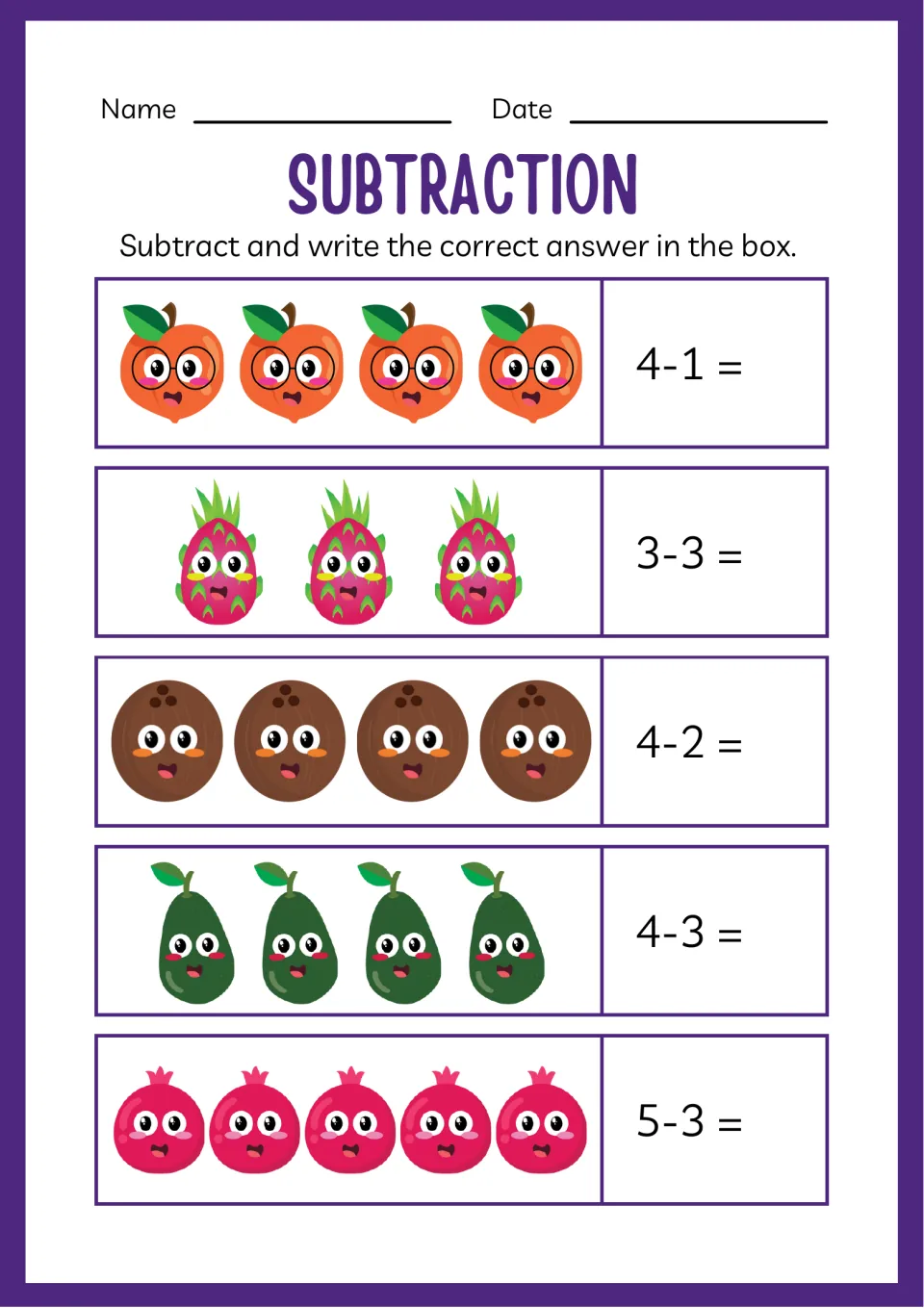 Subtraction to 5 with fruit pictures: peaches, dragon fruit, coconuts, avocados and pomegranates for 4-1, 3-3, 4-2 and 5-3