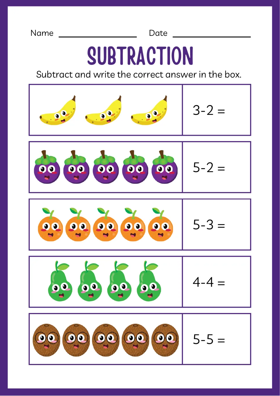 Taking away within 5: students count bananas, mangosteens, oranges, pears and kiwis to solve facts like 5-3, 4-4 and 5-5