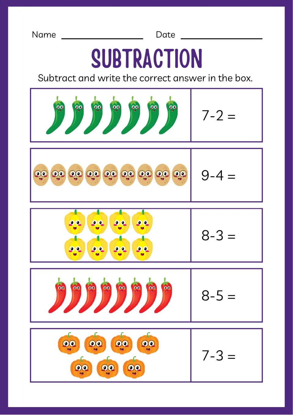 Subtraction within 9 using vegetable pictures: chili peppers, potatoes, bell peppers and pumpkins for 7-2, 9-4, 8-3 and 7-3