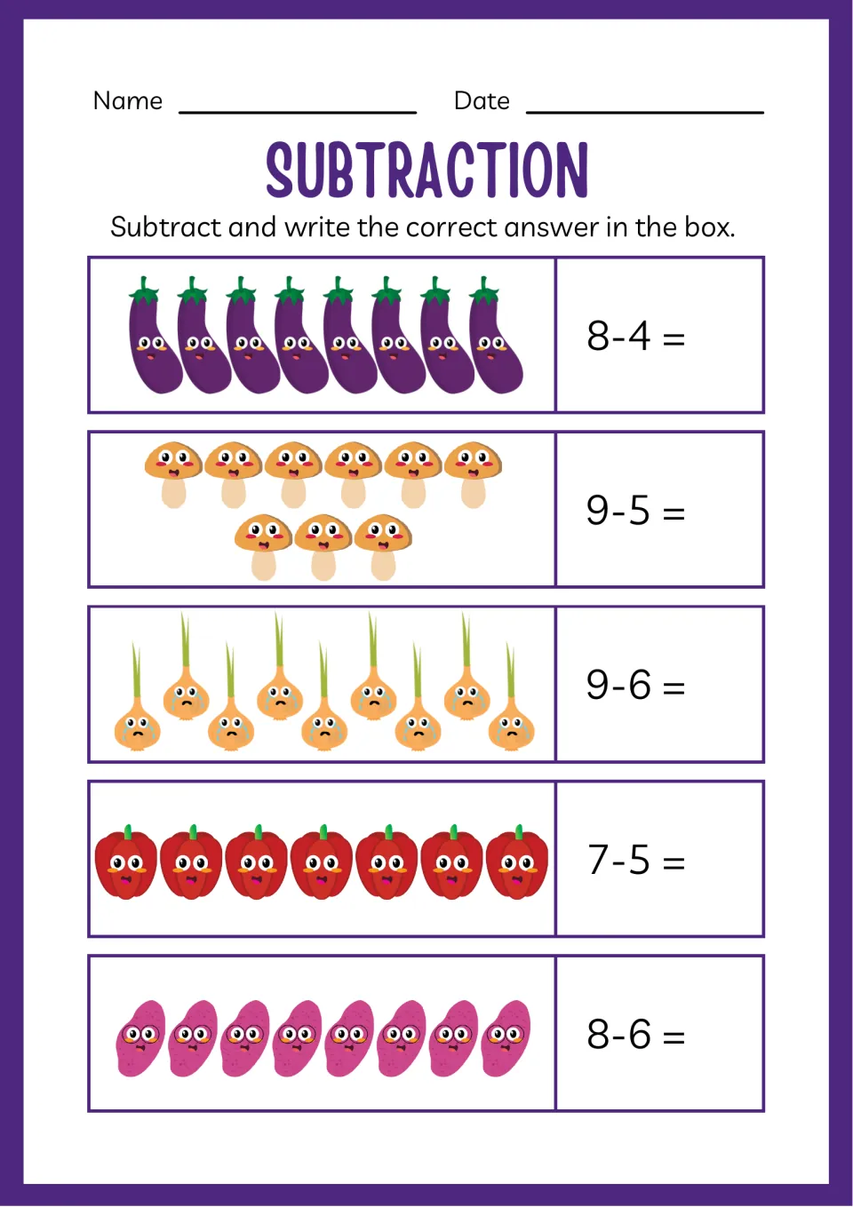 Subtraction to 9 with veggie pictures: eggplants, mushrooms, onions, red peppers and sweet potatoes for 8-4, 9-6 and 8-6