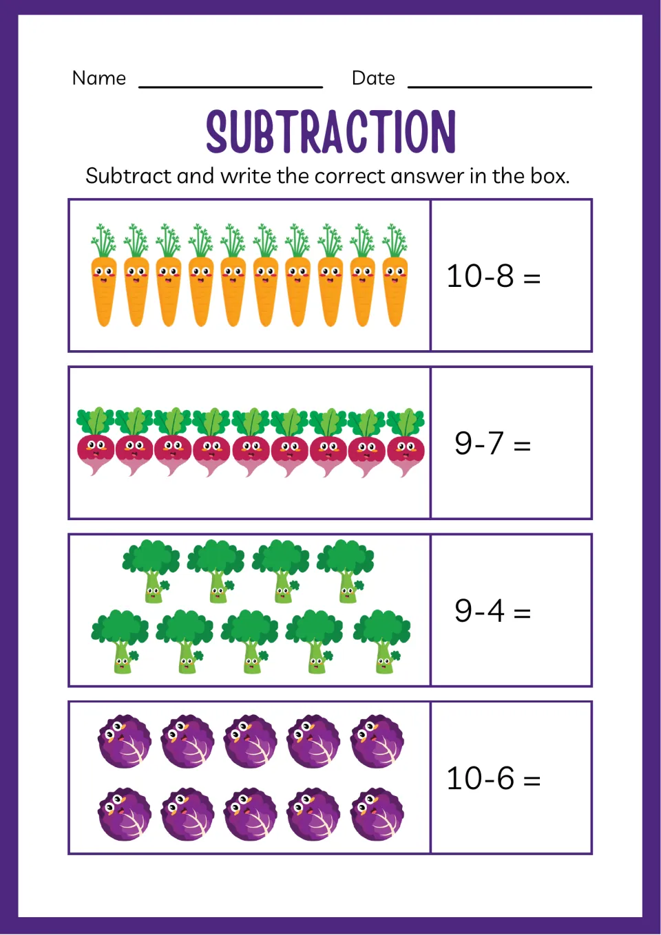 Subtraction from 10: students count carrots, beets, broccoli and purple cabbages to solve 10-8, 9-7, 9-4 and 10-6