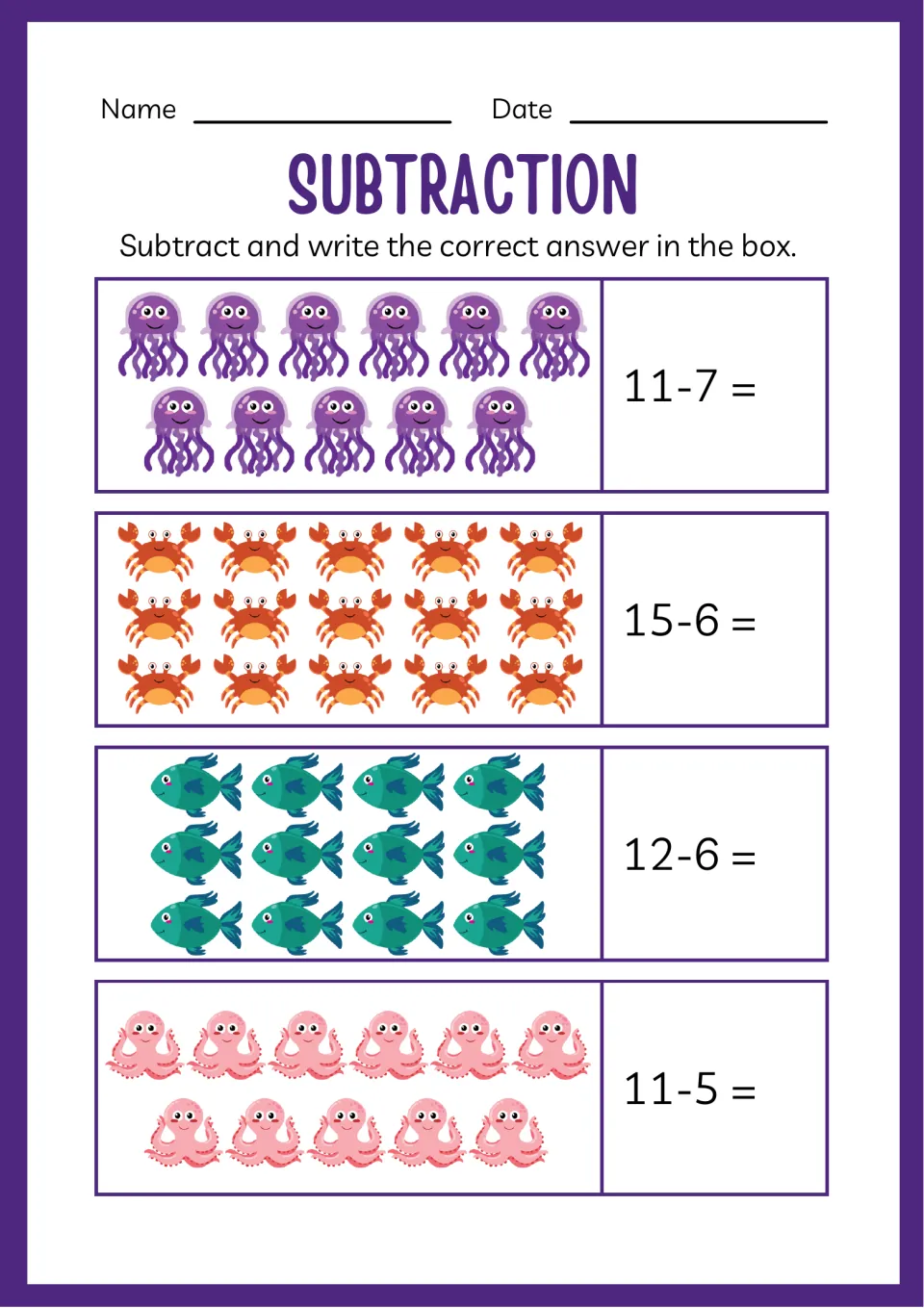 Subtraction within 15 with sea animals: jellyfish, crabs, fish and octopuses to solve 11-7, 15-6, 12-6 and 11-5