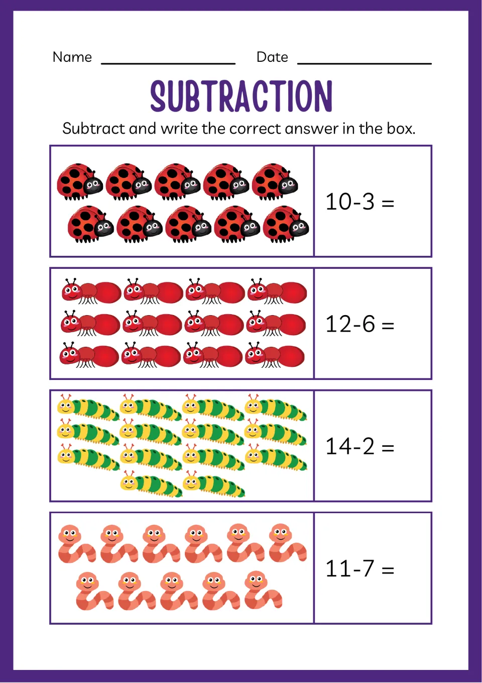 Subtraction to 14 with bug pictures: students count ladybugs, ants, caterpillars and worms for 10-3, 12-6, 14-2 and 11-7