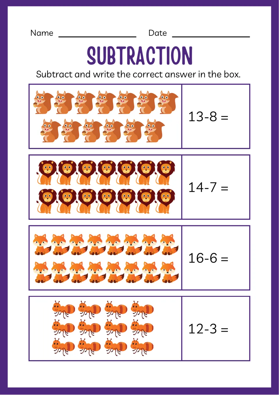 Subtraction within 16 with animal pictures: squirrels, lions, foxes and ants to solve 13-8, 14-7, 16-6 and 12-3