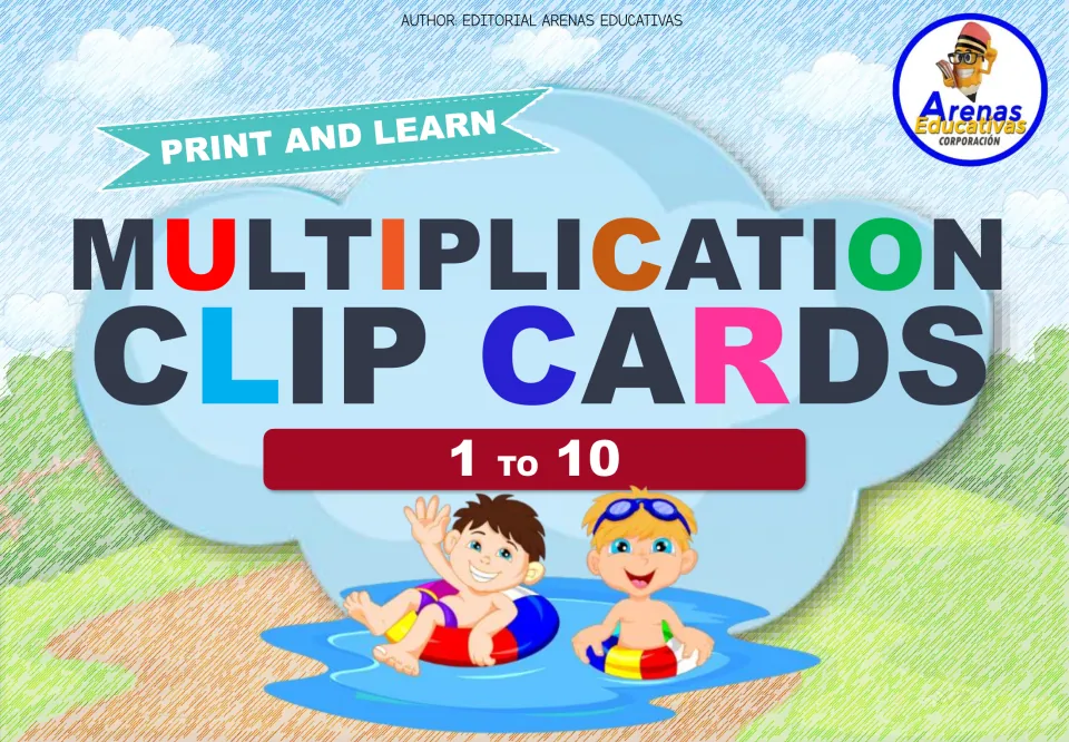 Multiplication Clip Cards 1 to 10 cover from Arenas Educativas: Print and Learn title, two kids floating in pool rings