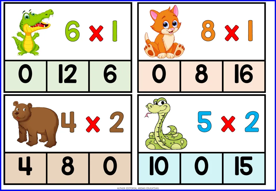 Clip cards for 6 x 1, 8 x 1, 4 x 2 and 5 x 2: students clip the correct product from three choices on each animal card