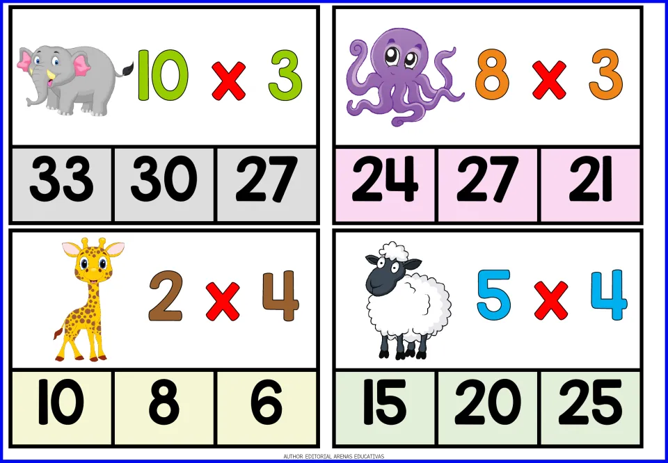 Times 3 and 4 clip cards: 10 x 3, 8 x 3, 2 x 4 and 5 x 4 with elephant, octopus, giraffe and sheep; pick the product