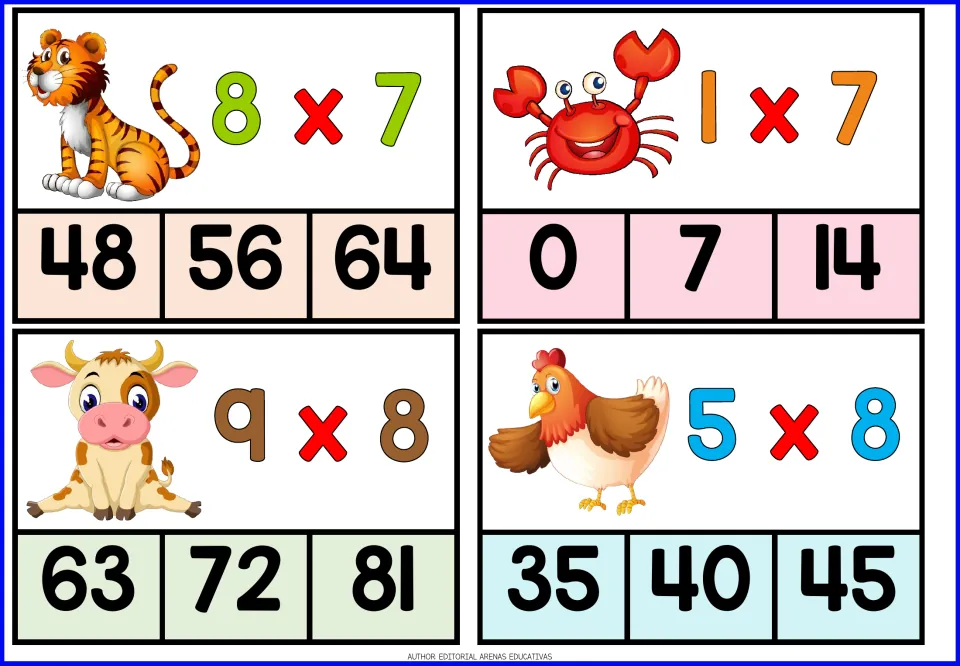 Sevens and eights facts: 8 x 7, 1 x 7, 9 x 8 and 5 x 8 cards with tiger, crab, cow and hen; students clip the product