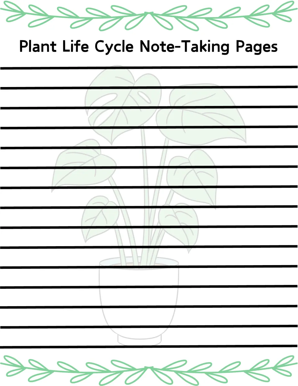 Plant life cycle note-taking sheet for recording notes, headed 'Plant Life Cycle Note-Taking Pages'.