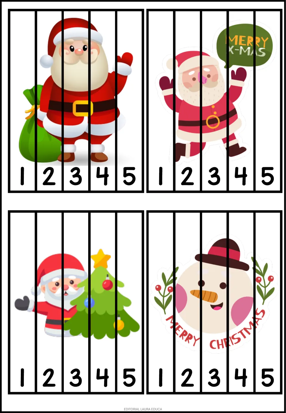 Christmas number puzzles 1–4: three Santa pictures and a snowman, each in five strips numbered 1–5