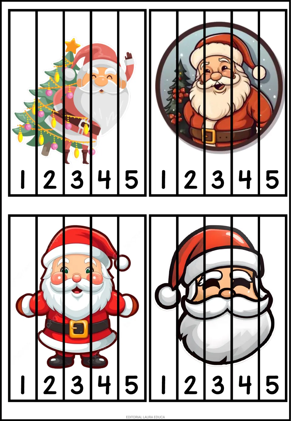 Christmas number puzzles 5–8: Santa beside a tree, a Santa portrait and two more Santas, numbered 1–5
