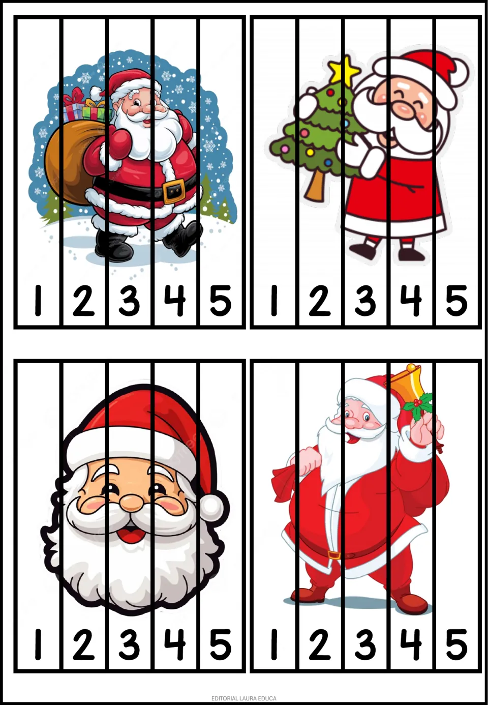 Christmas number puzzles 9–12: Santa carrying gifts, holding a tree, smiling and ringing a bell; numbers 1–5