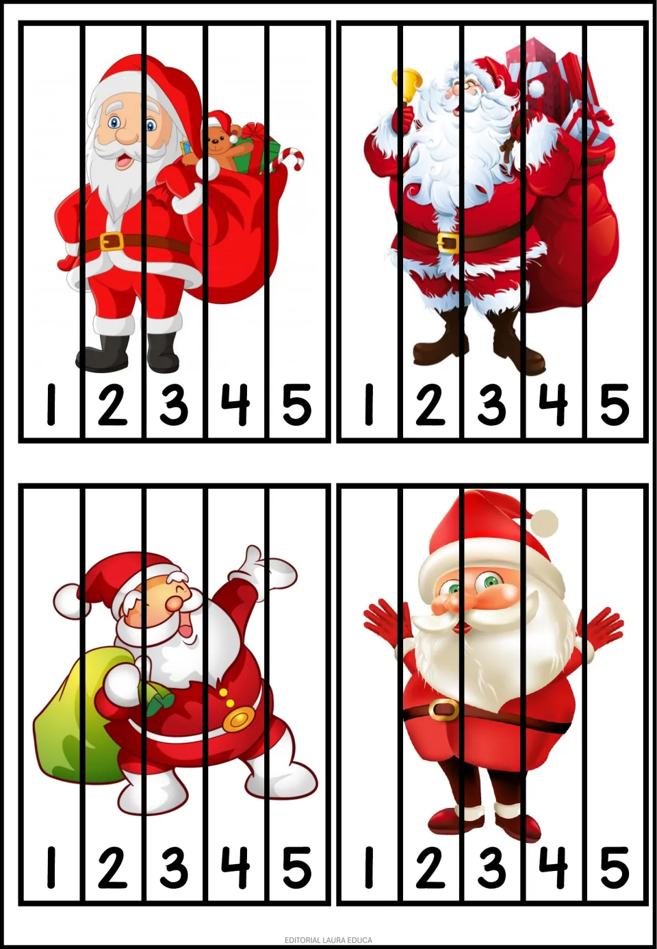Christmas number puzzles 13–16: three Santas carrying sacks and one with raised hands, each numbered 1–5