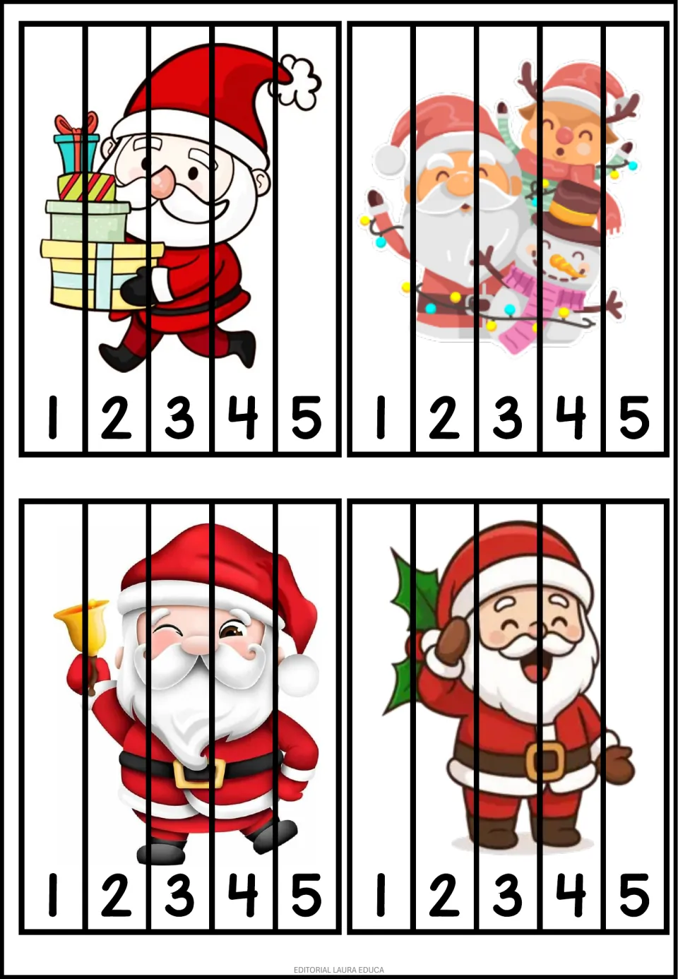 Christmas number puzzles 17–20: Santa with gifts, winter friends, a bell and holly; each numbered 1–5