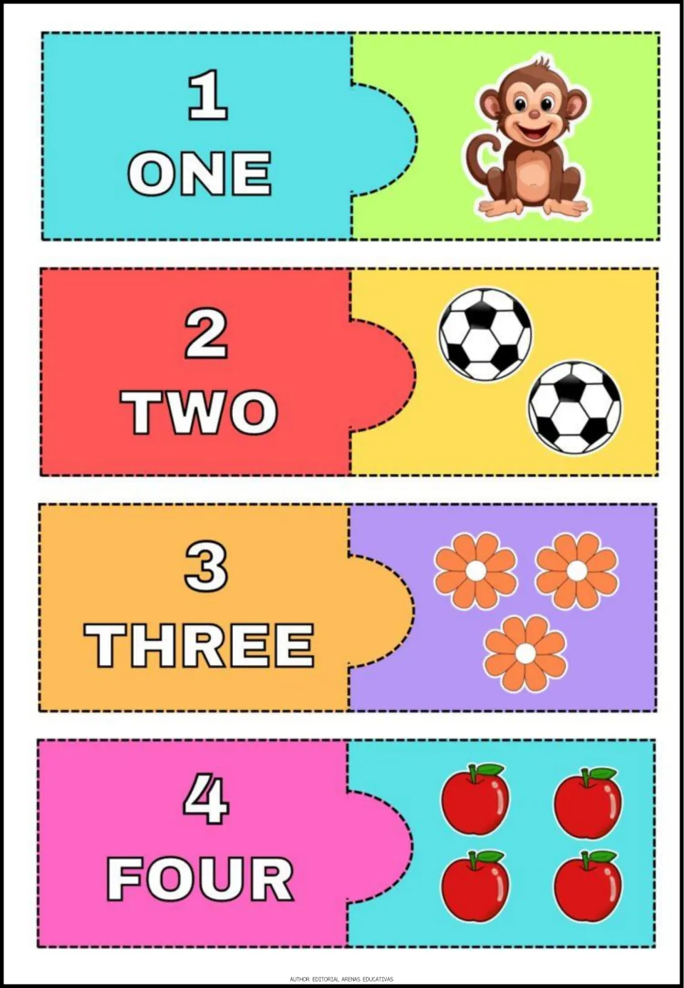 Number puzzles 1–4 pair numerals and words one through four with a monkey, soccer balls, flowers, and apples