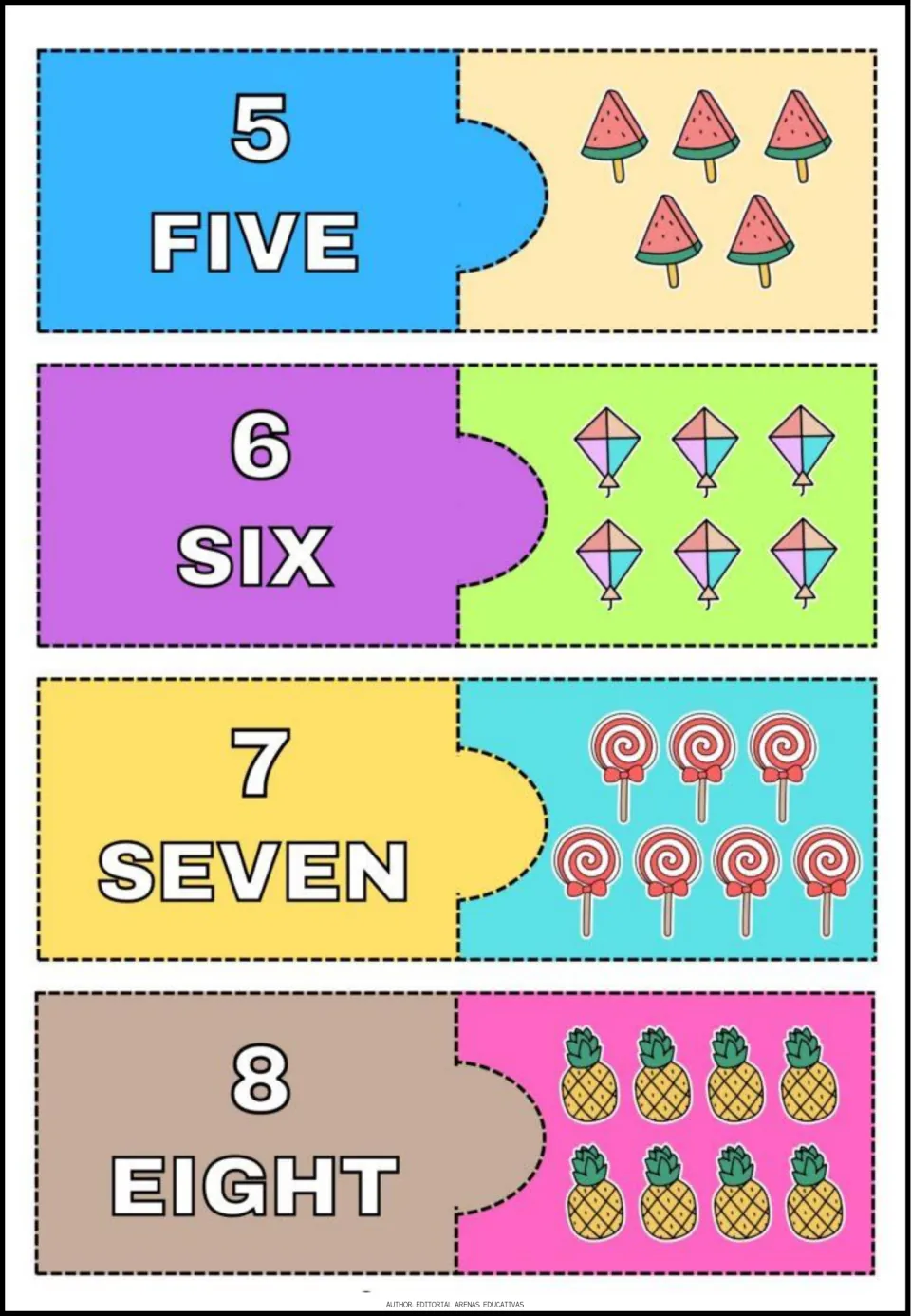 Number puzzles 5–8 pair numerals and words five through eight with watermelon pops, kites, lollipops, and pineapples