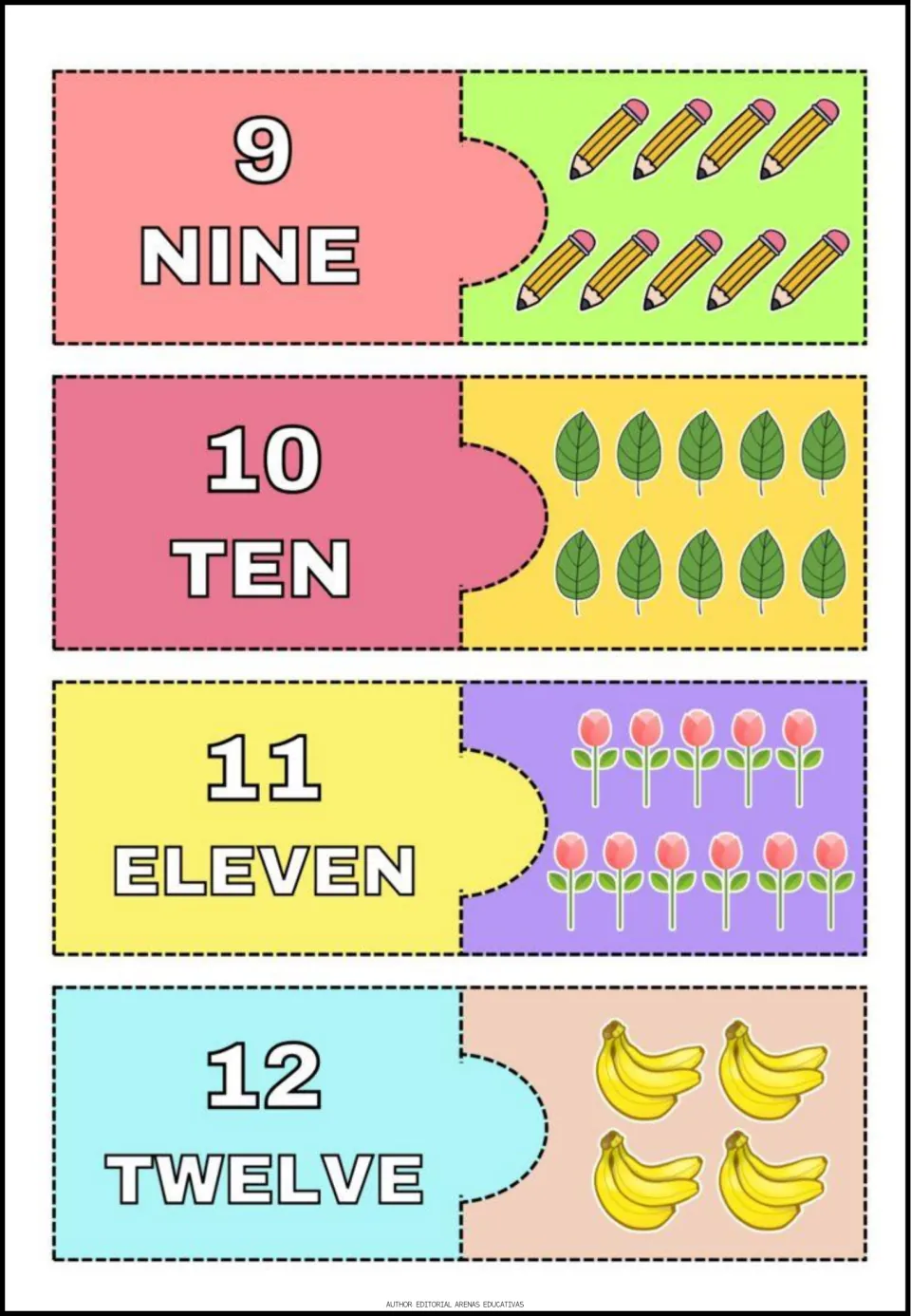 Number puzzles 9–12 pair numerals and words nine through twelve with pencils, leaves, tulips, and banana bunches