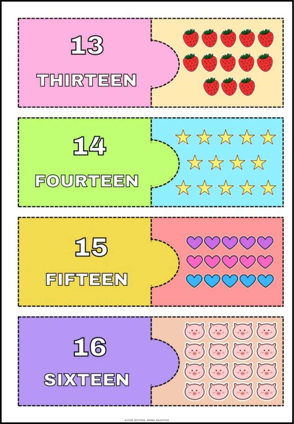 Number puzzles 13–16 show numerals and words thirteen through sixteen with strawberries, stars, hearts, and pigs
