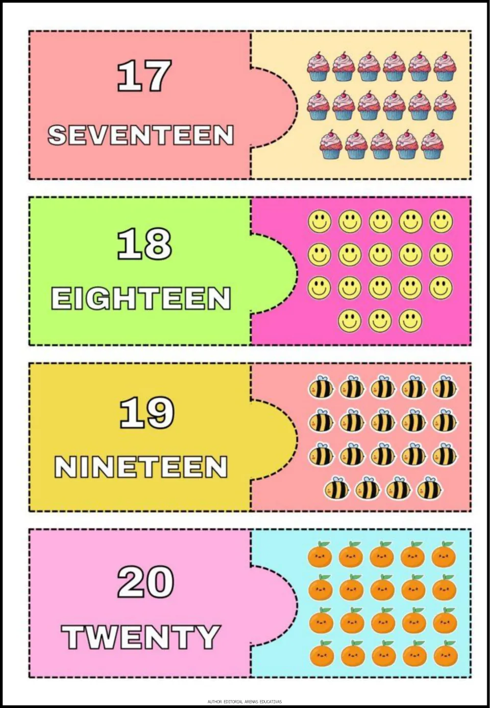 Number puzzles 17–20 show words seventeen through twenty with 17 cupcakes, 18 smiley faces, 19 bees, and 20 oranges