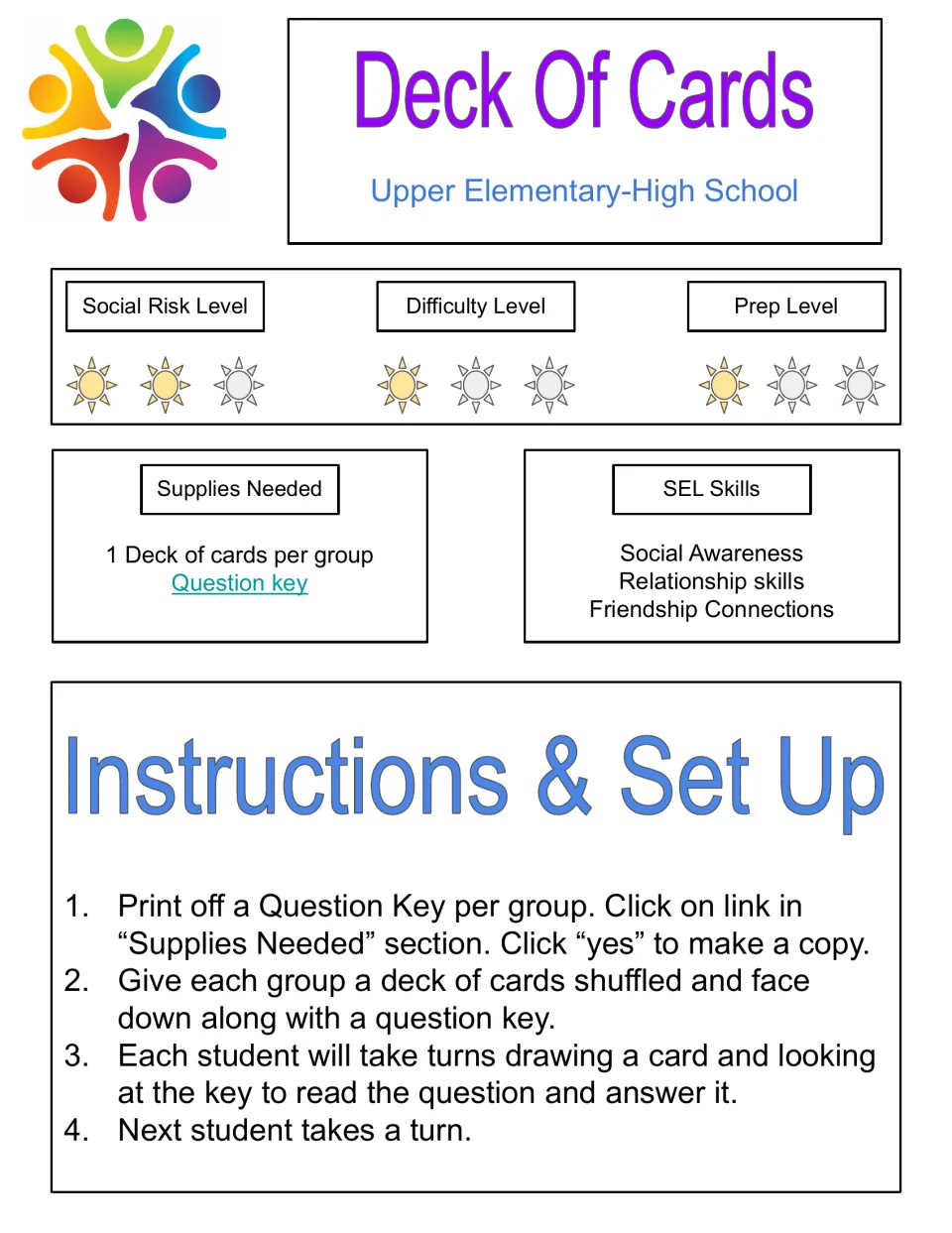 Deck Of Cards game: groups draw a card and answer the matching question from a question key, building relationship skills