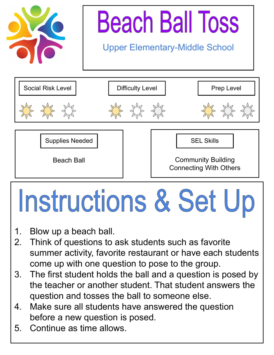 Beach Ball Toss game: the student holding the ball answers a posed question, such as a favorite restaurant, then tosses it