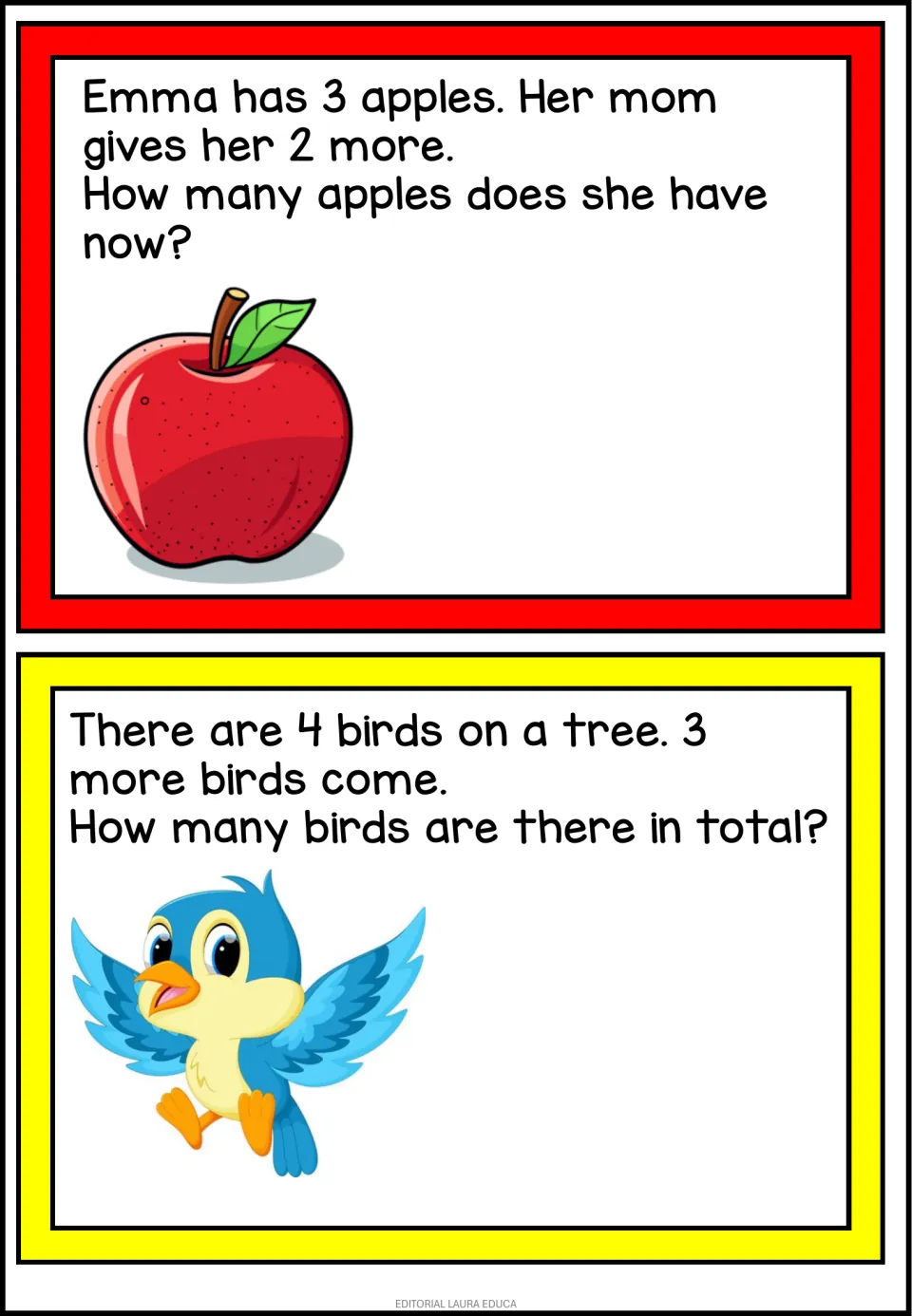 Addition story problems: students add 3 apples plus 2 more and 4 birds plus 3 more, each card shown with a picture