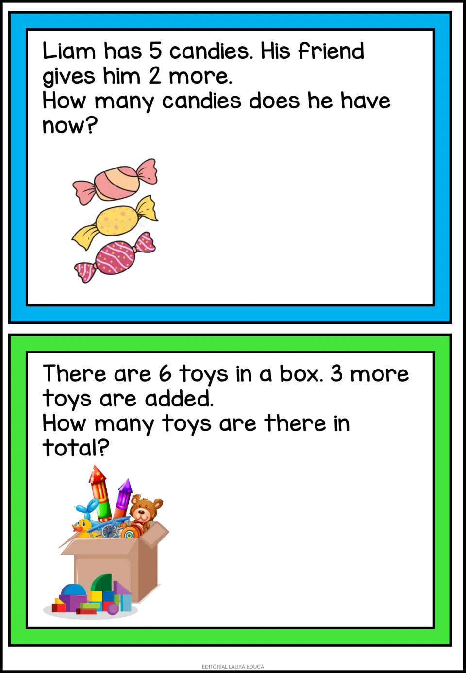 Joining sets: Liam's 5 candies plus 2 from a friend and 6 toys in a box plus 3 more, students find each total