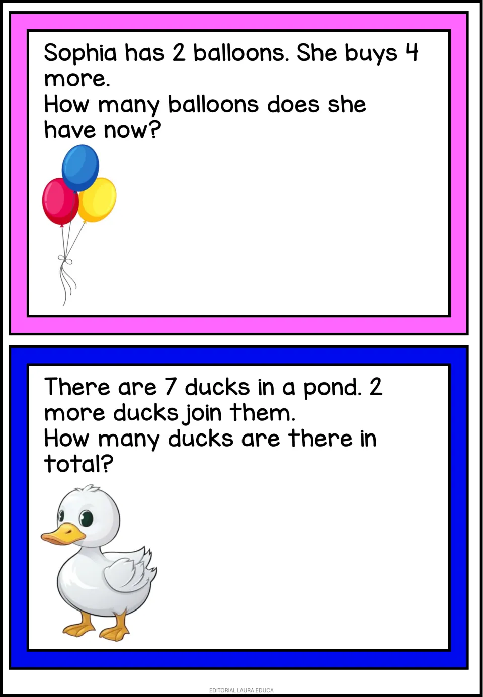 Sums to 9: Sophia has 2 balloons and buys 4 more; 7 ducks in a pond are joined by 2, students find each sum