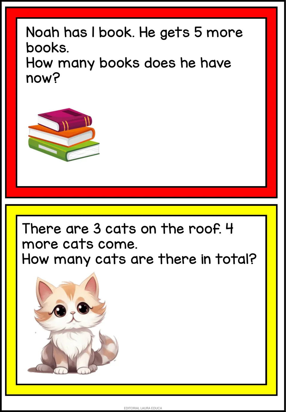 Adding on: Noah has 1 book and gets 5 more; 3 cats on a roof are joined by 4, students find how many in all
